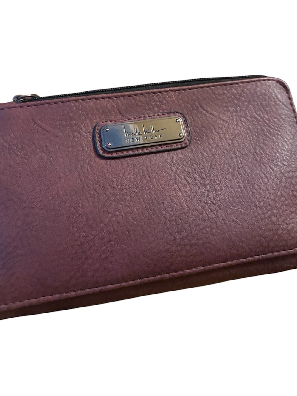Nicole Miller Plum Leather Zip Wallet with Metal Logo